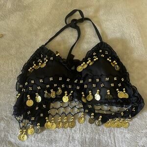 Belly Dancer Style Black and Gold Coin and Beaded Detail Bra Top Size Medium